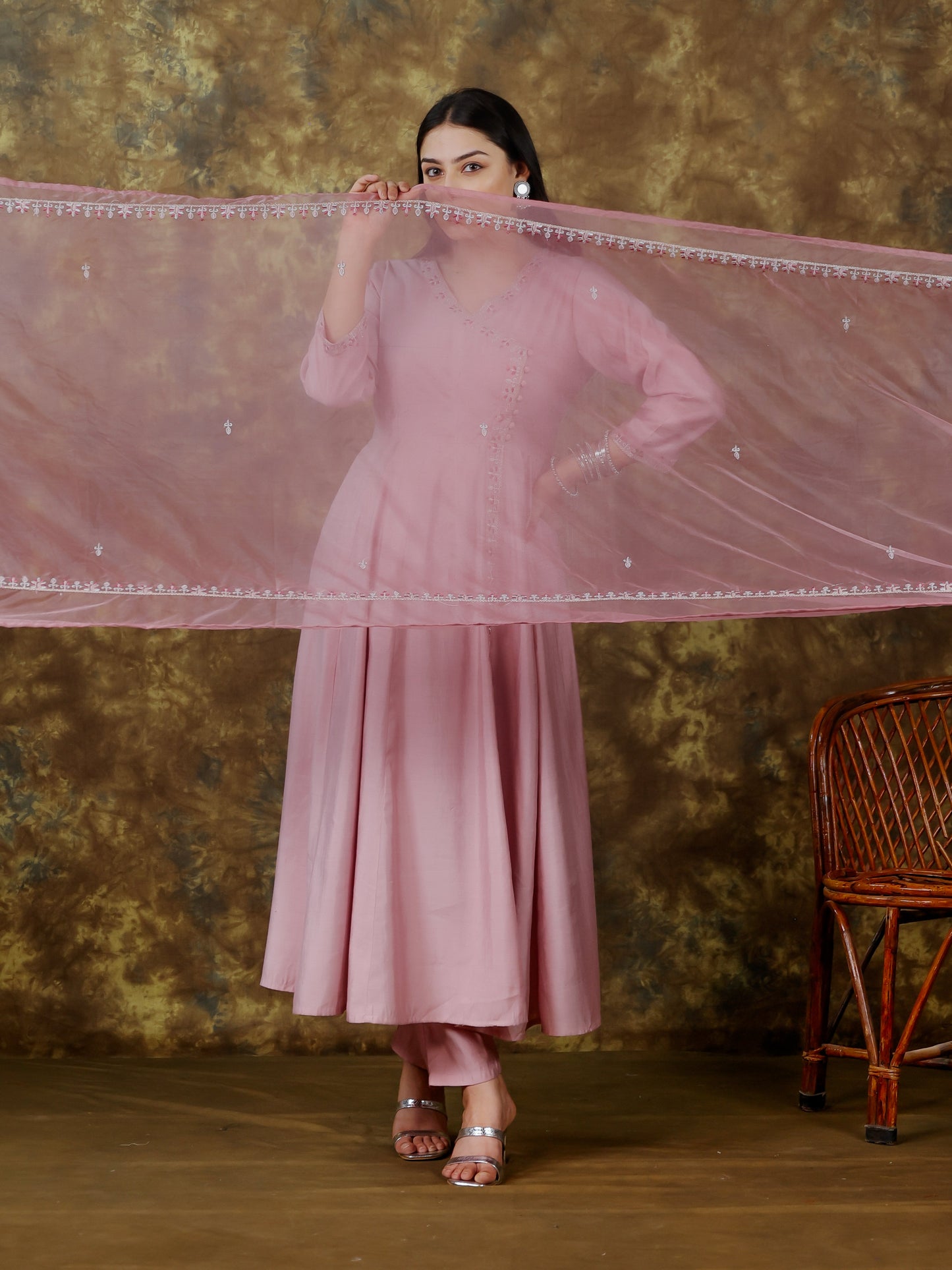 Embroidered Muslin Solid Angrakha Pink Kurta