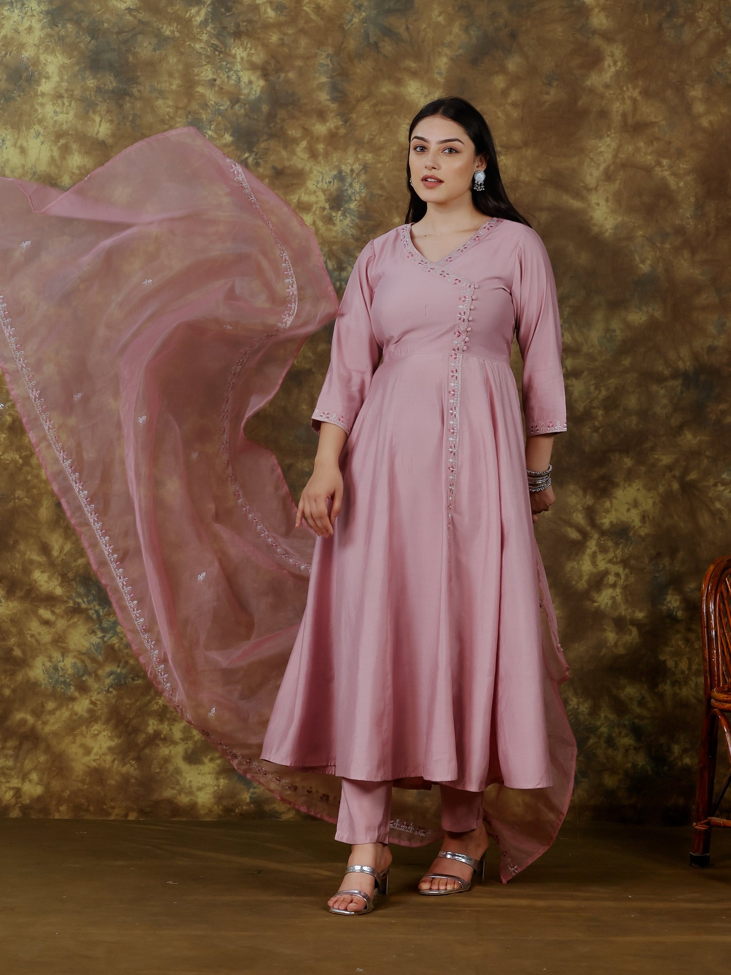 Embroidered Muslin Solid Angrakha Pink Kurta