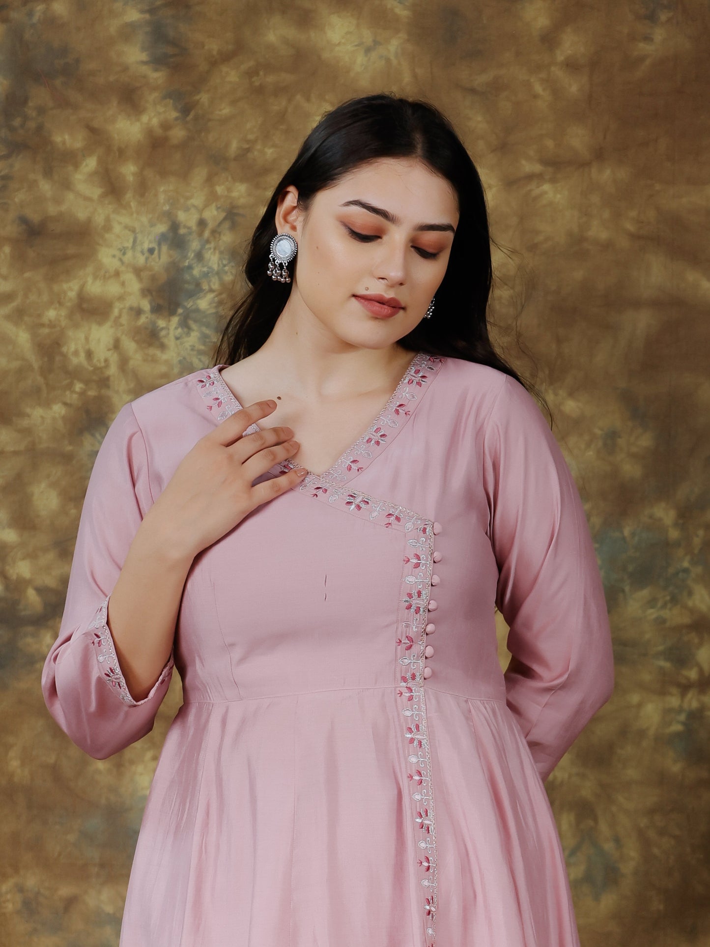 Embroidered Muslin Solid Angrakha Pink Kurta