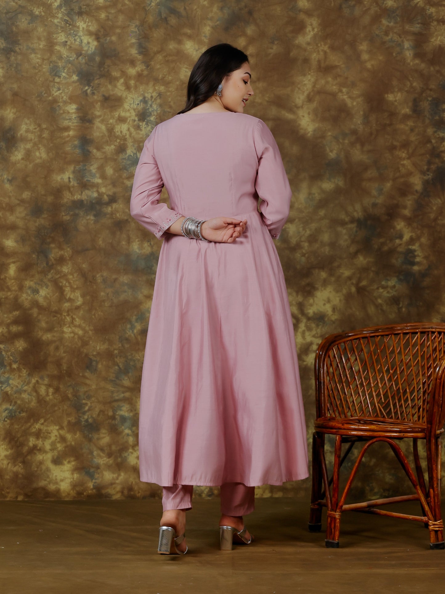 Embroidered Muslin Solid Angrakha Pink Kurta