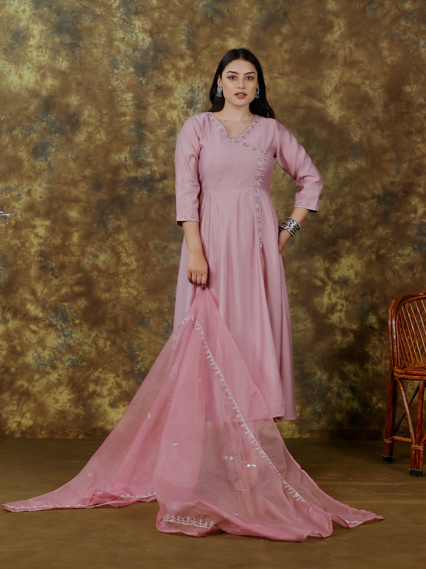 Embroidered Muslin Solid Angrakha Pink Kurta