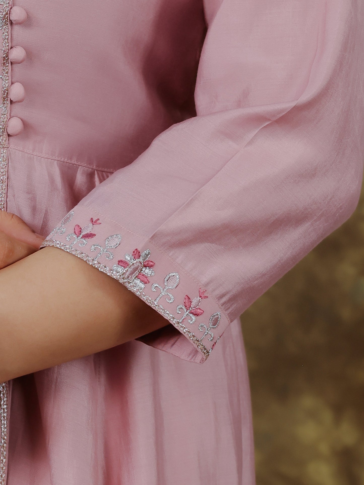 Embroidered Muslin Solid Angrakha Pink Kurta