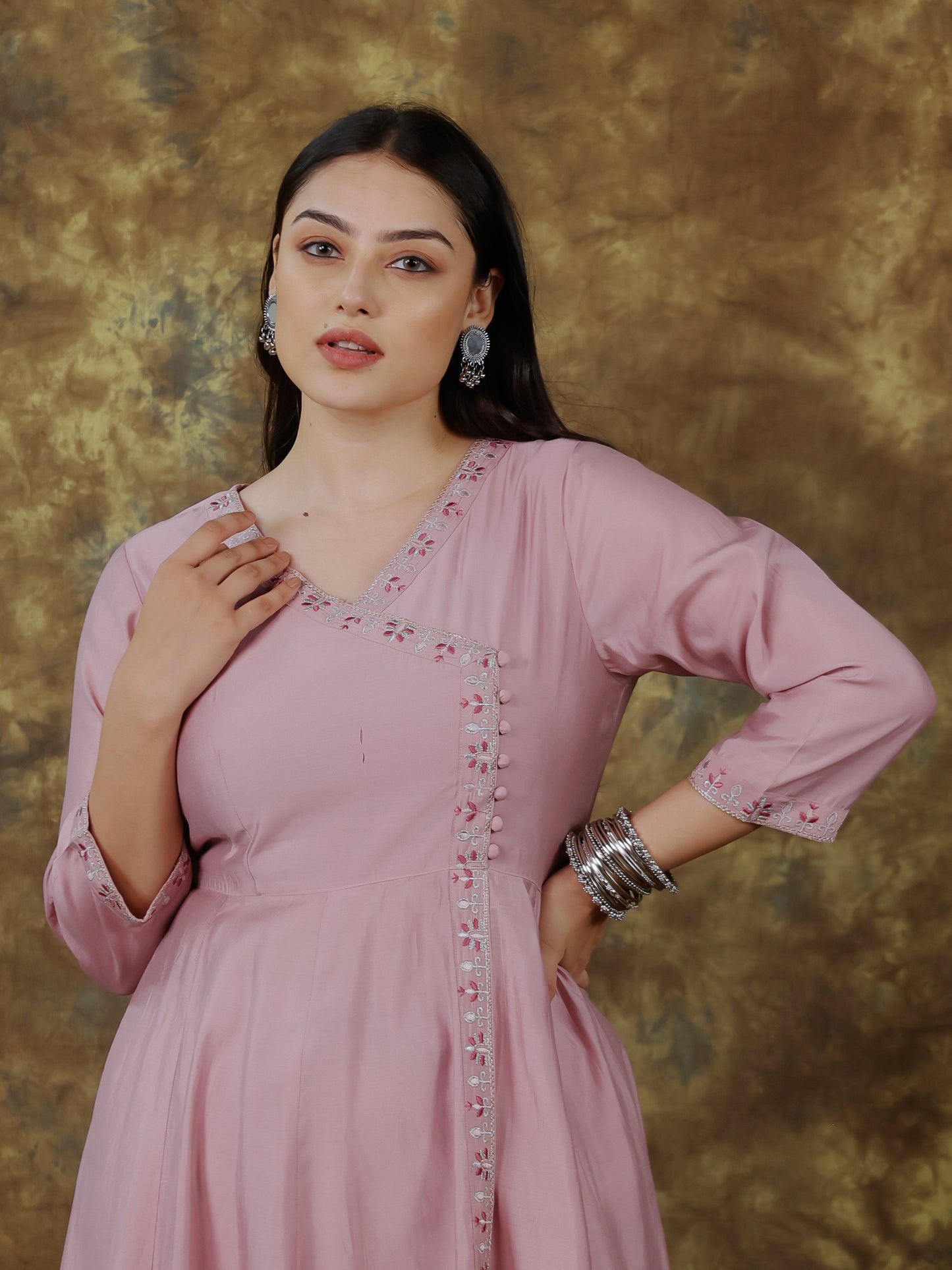 Embroidered Muslin Solid Angrakha Pink Kurta
