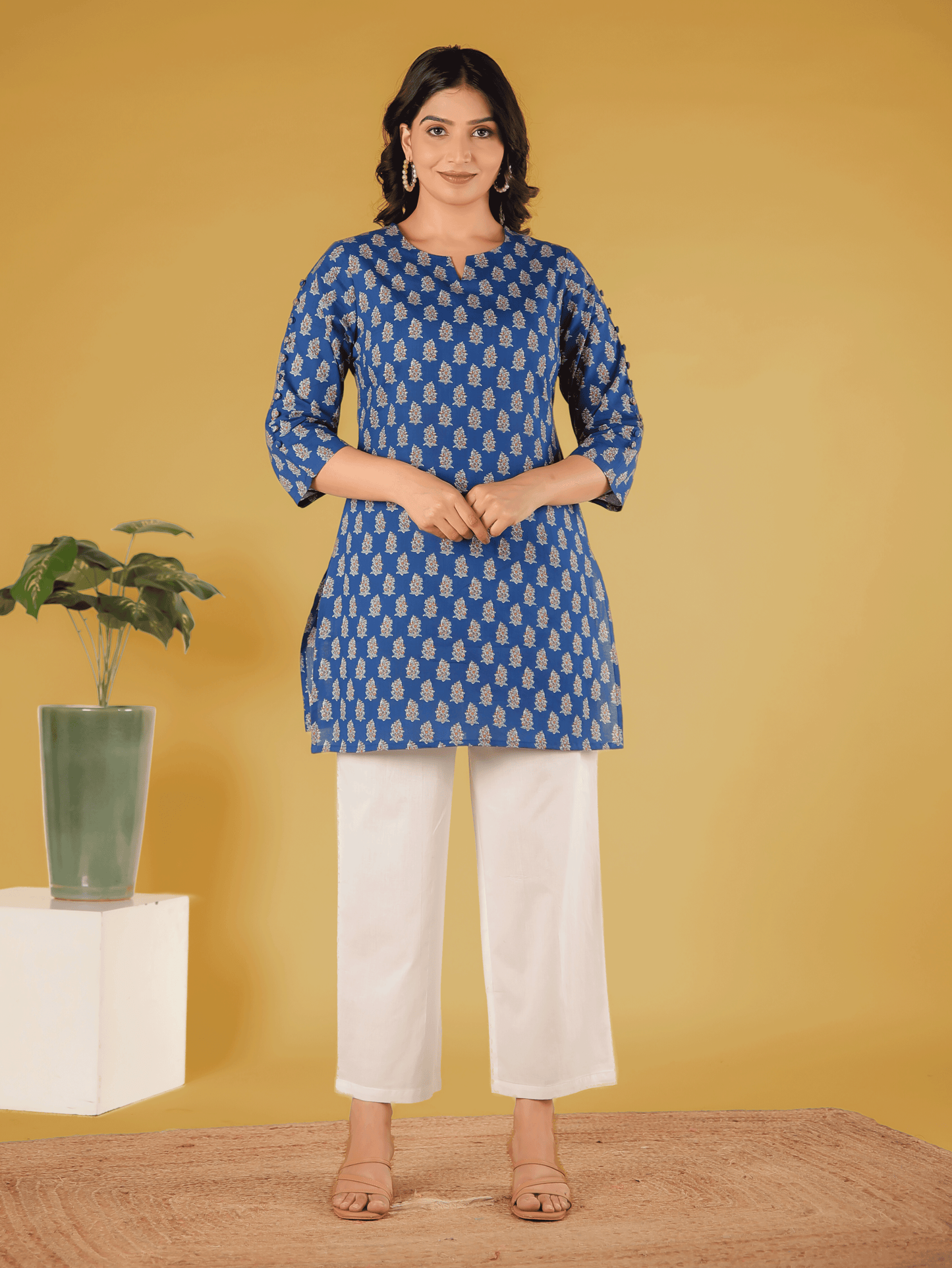 Soft Cotton Floral Straight Blue Kurti