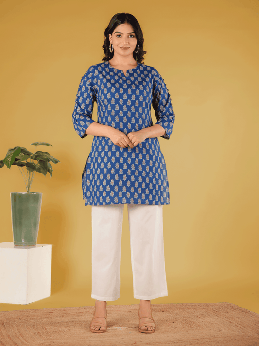 Soft Cotton Floral Straight Blue Kurti