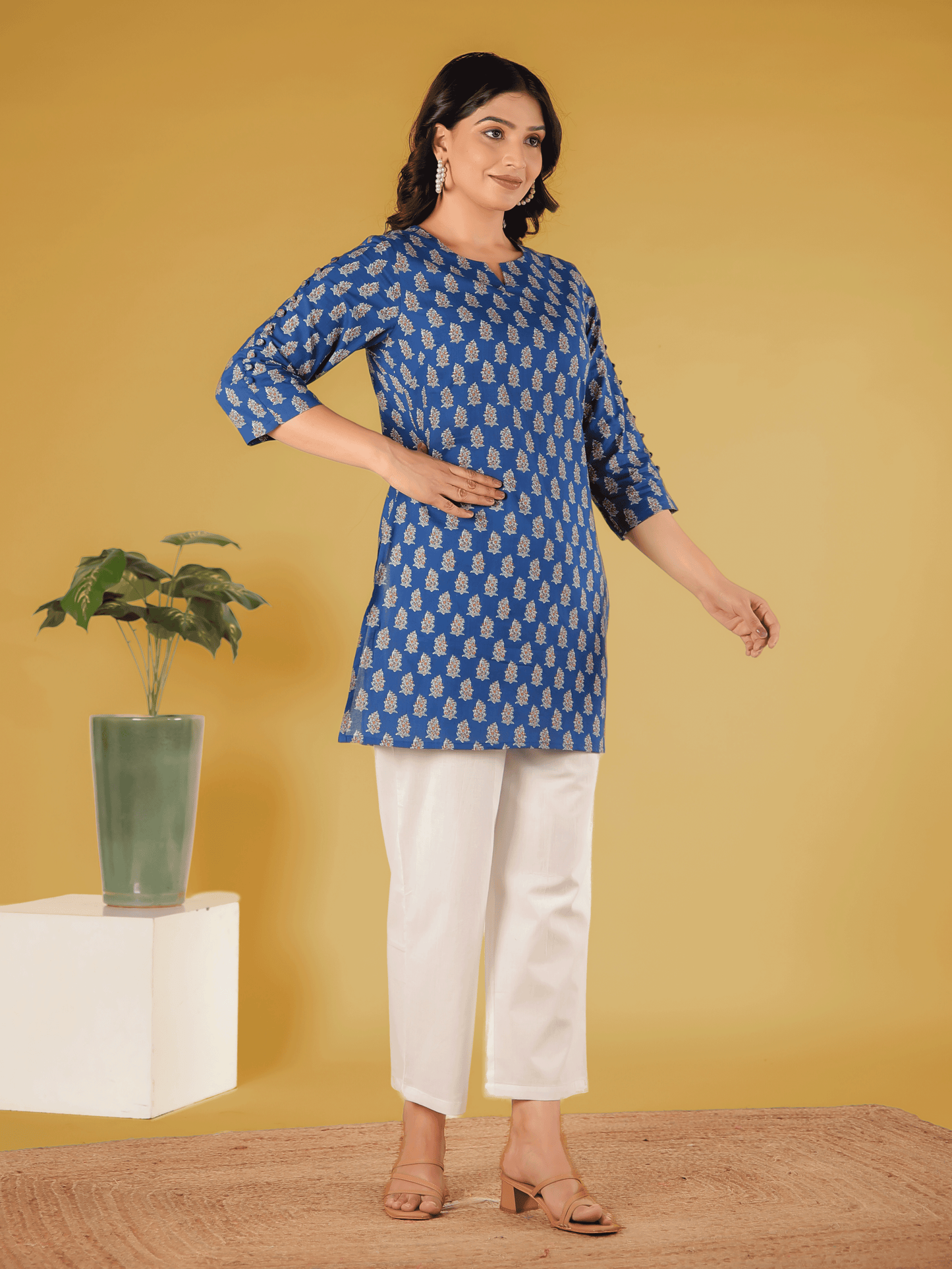 Soft Cotton Floral Straight Blue Kurti