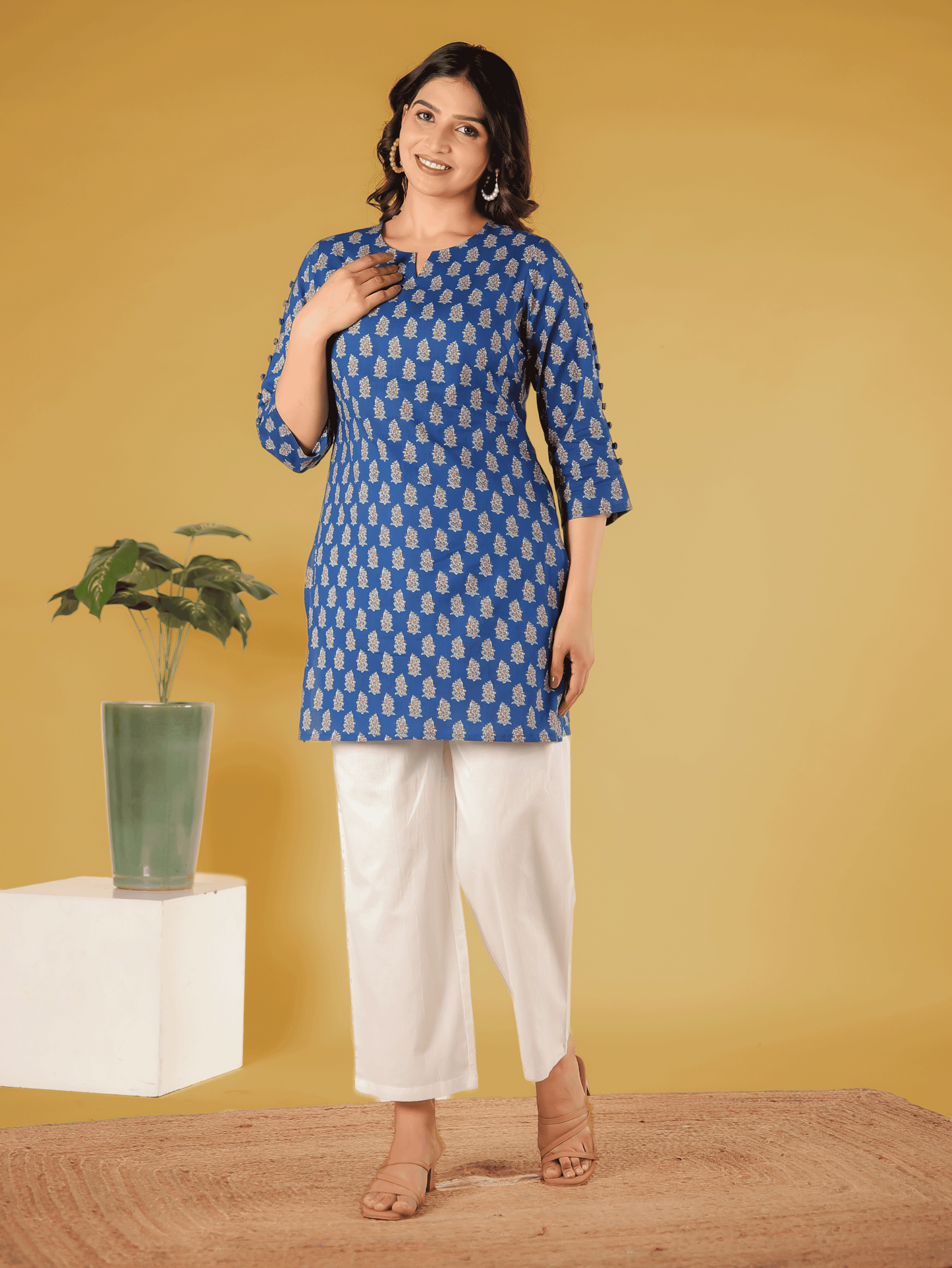 Soft Cotton Floral Straight Blue Kurti