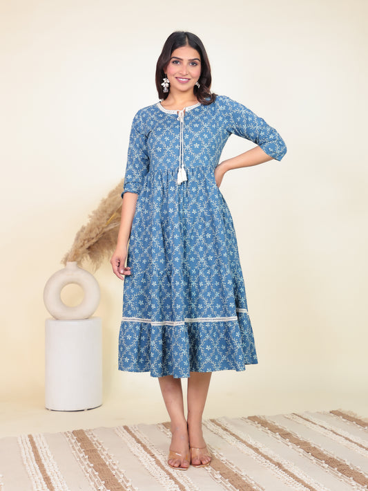 Soft Cotton Floral Anarkali Blue Dress