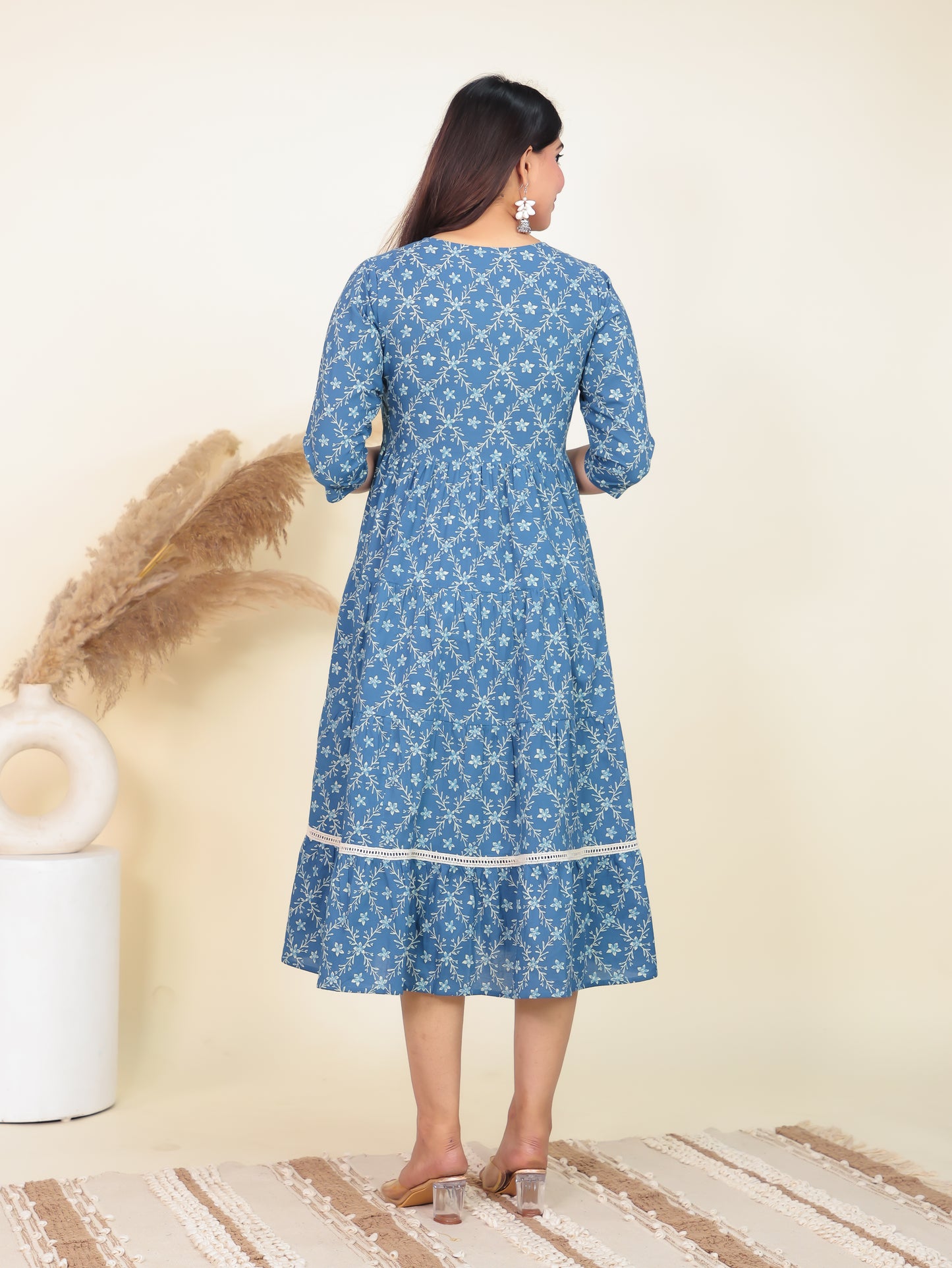 Soft Cotton Floral Anarkali Blue Dress