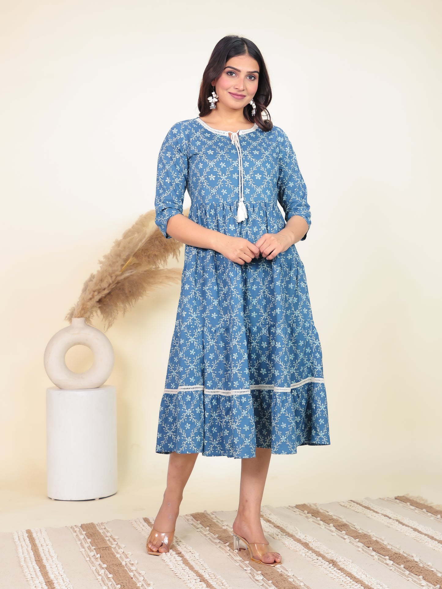 Soft Cotton Floral Anarkali Blue Dress