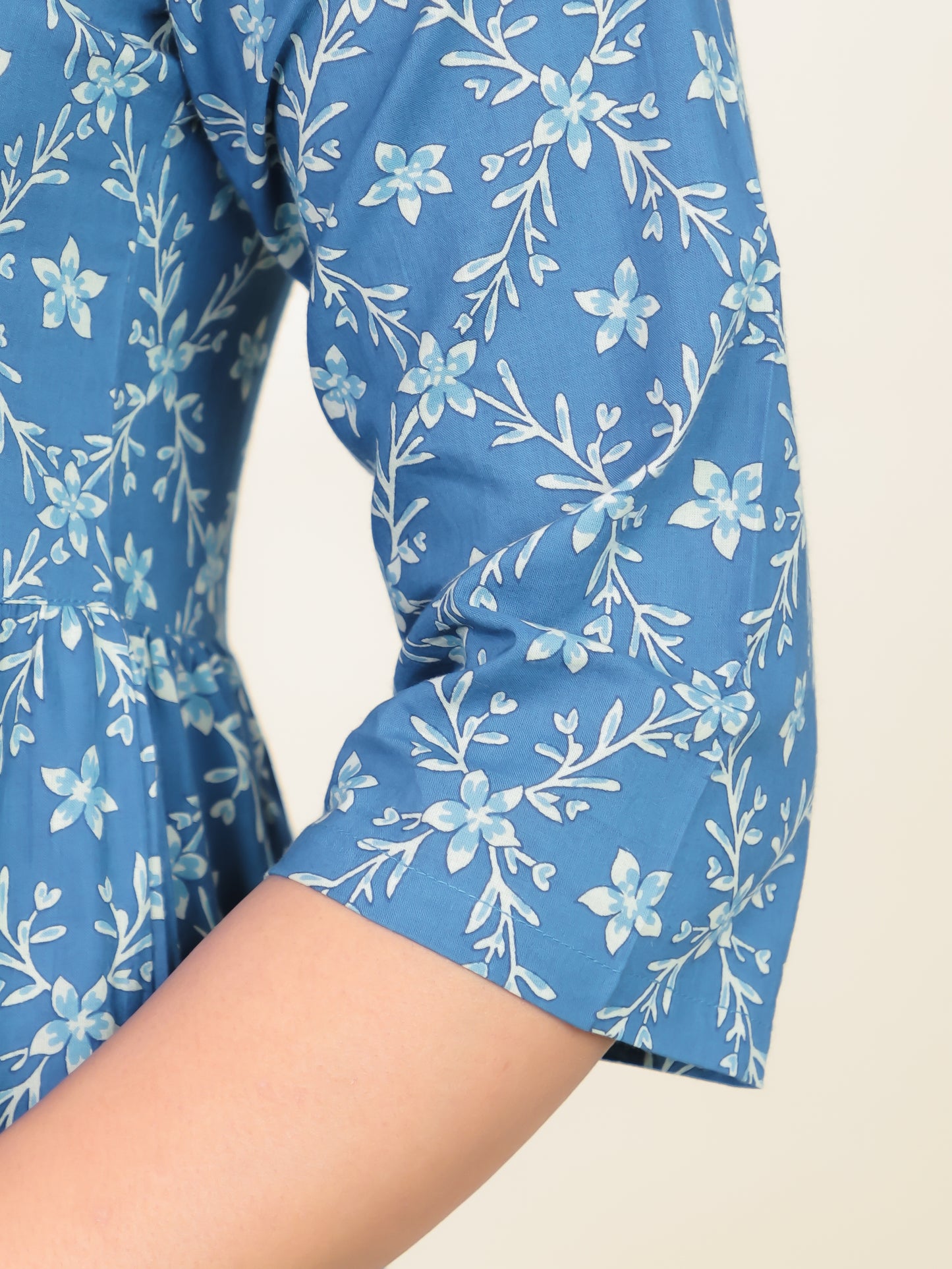 Soft Cotton Floral Anarkali Blue Dress
