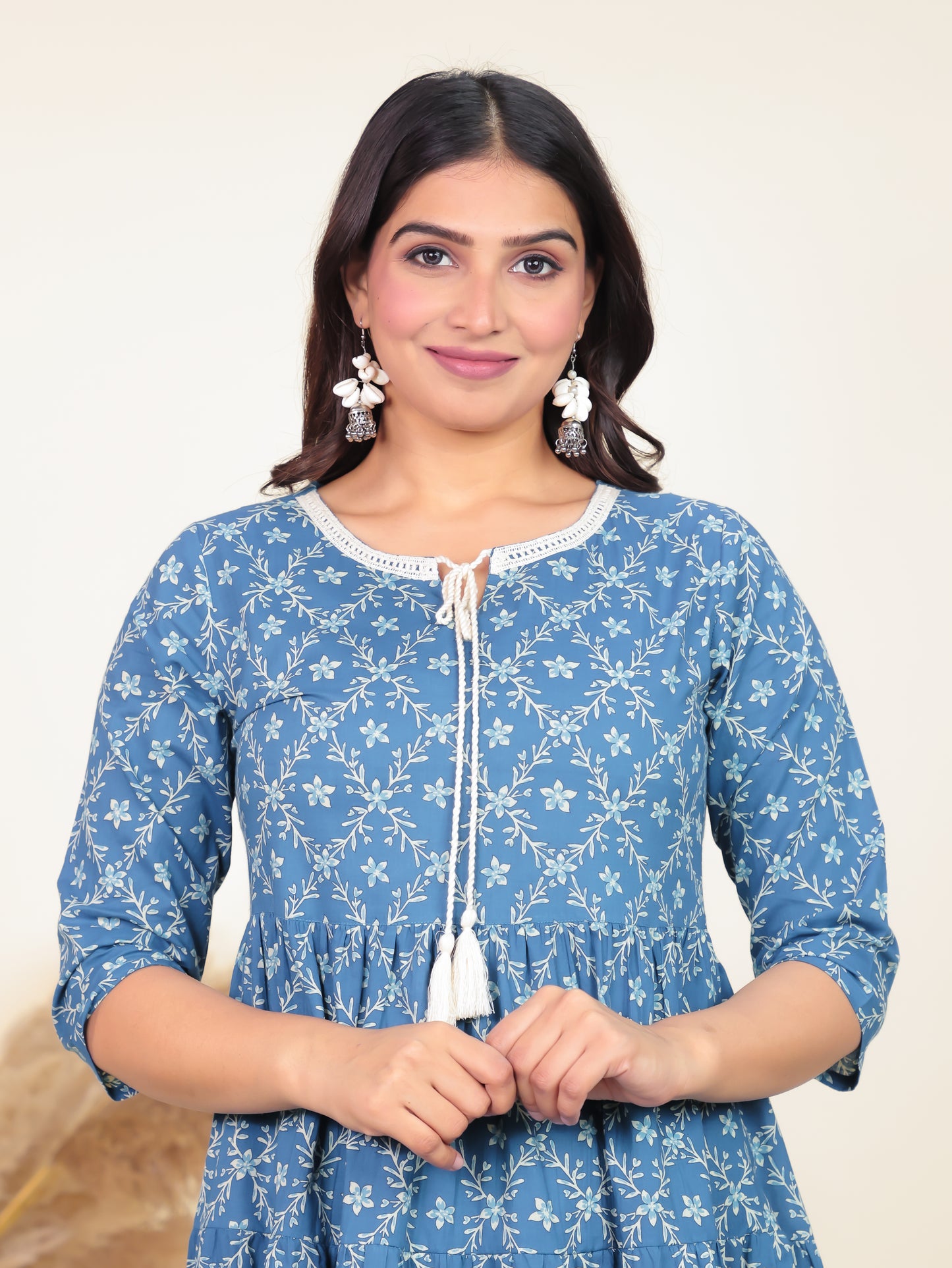 Soft Cotton Floral Anarkali Blue Dress