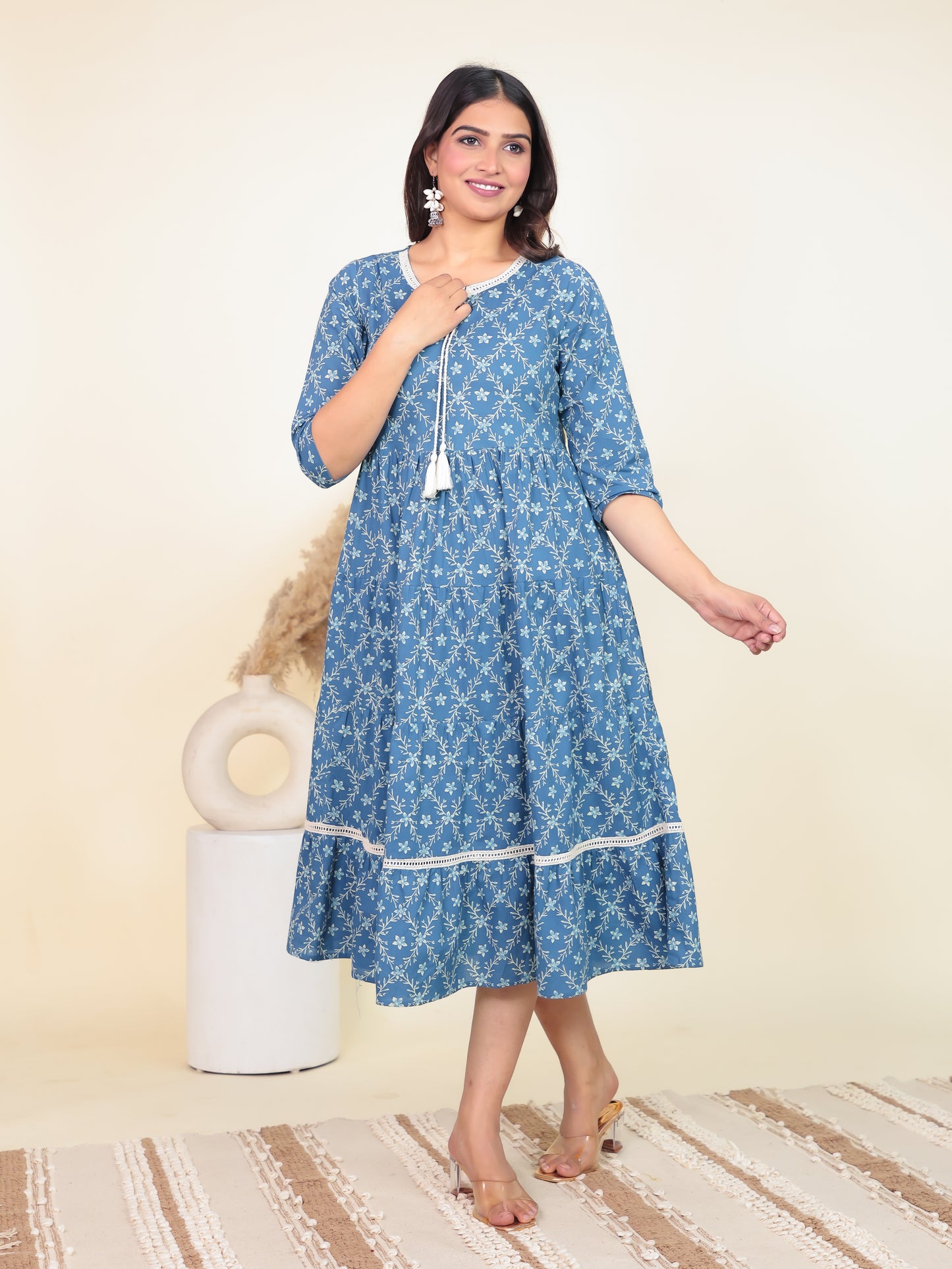 Soft Cotton Floral Anarkali Blue Dress