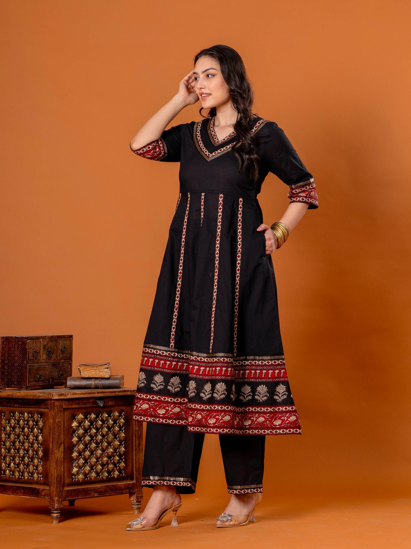 Embroidered Soft Cotton Solid Anarkali Black Kurta