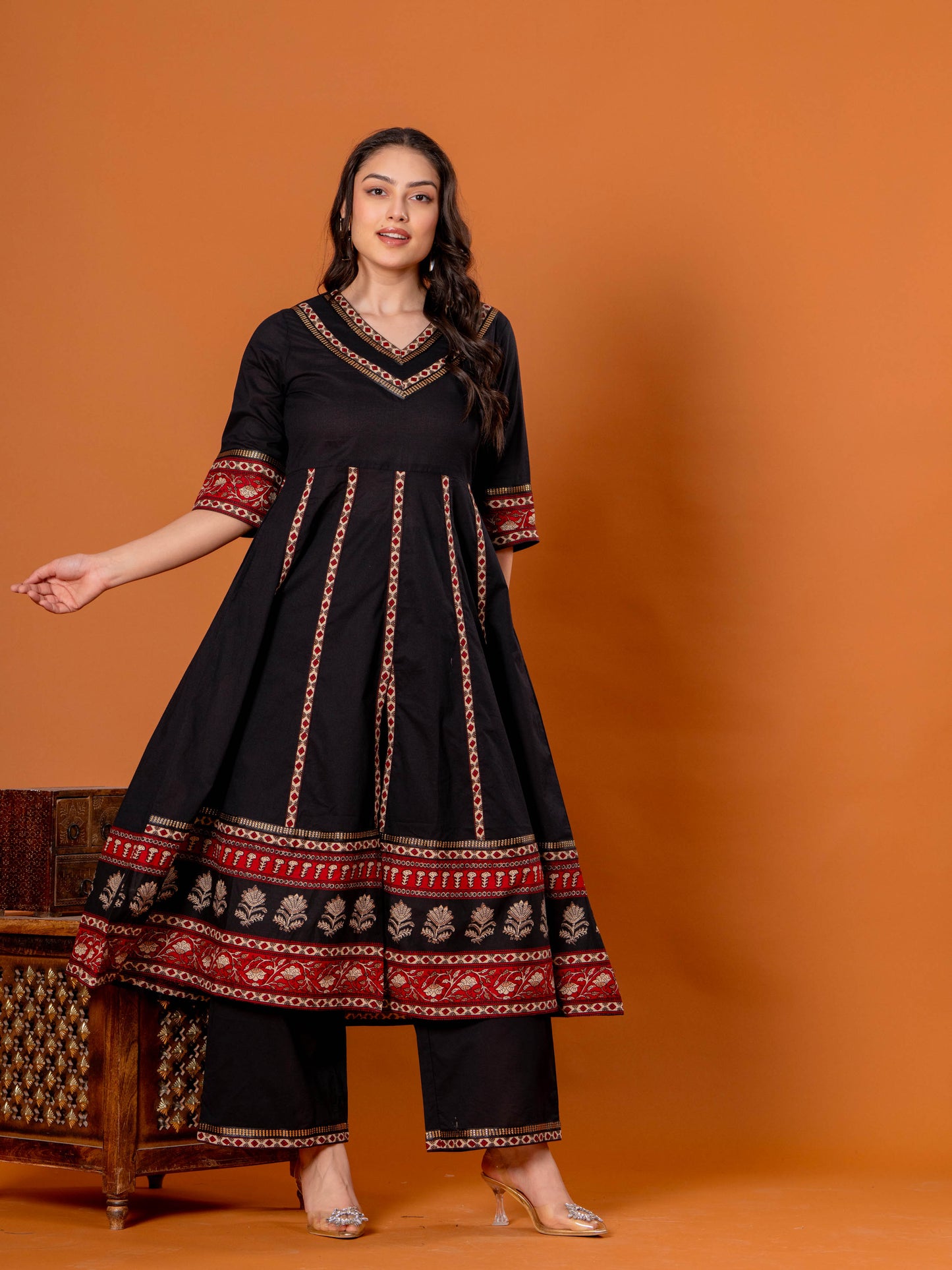 Embroidered Soft Cotton Solid Anarkali Black Kurta
