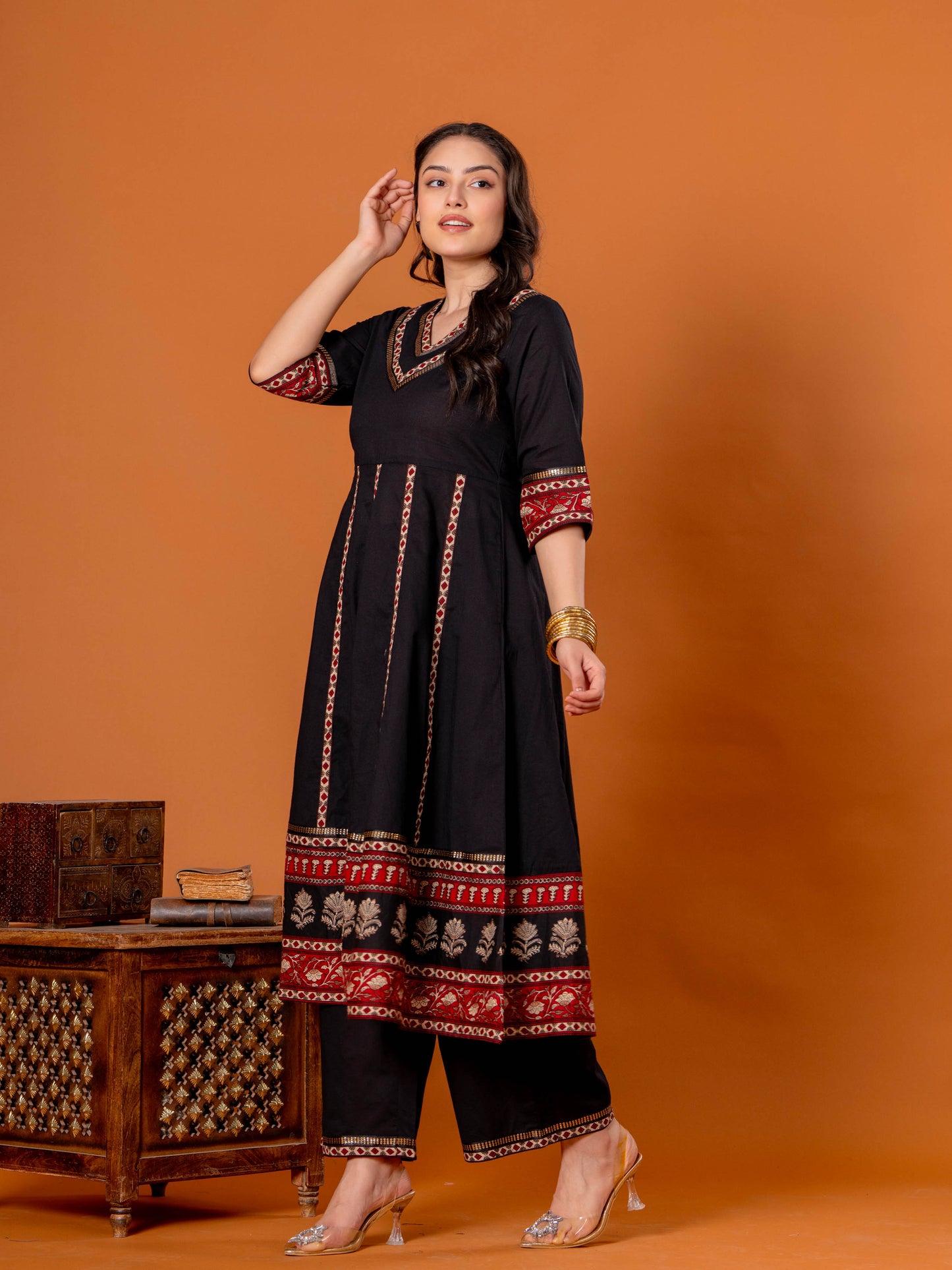 Embroidered Soft Cotton Solid Anarkali Black Kurta
