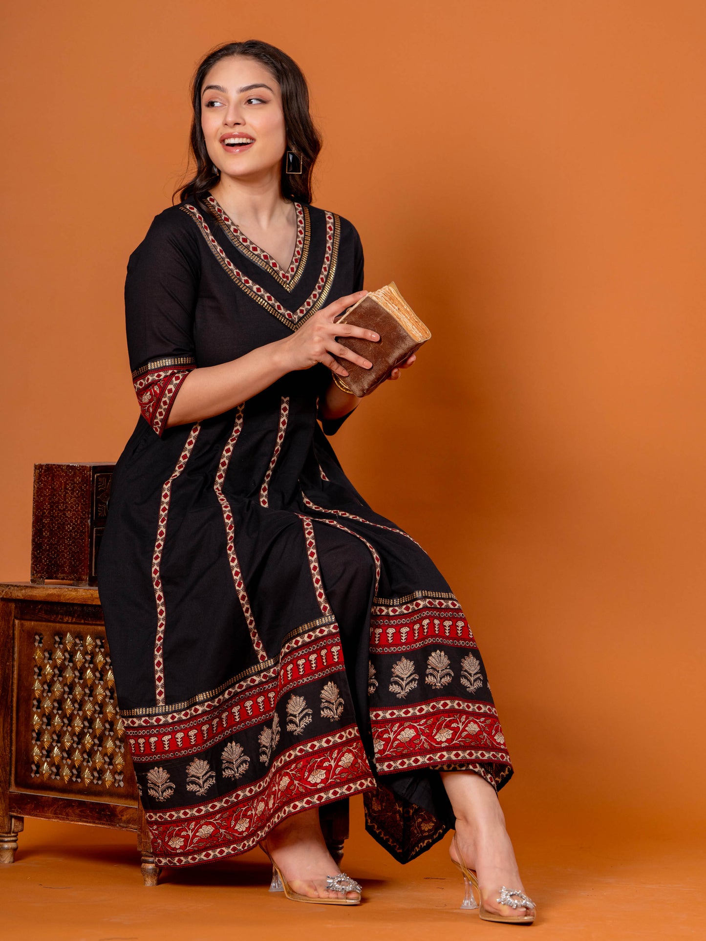 Embroidered Soft Cotton Solid Anarkali Black Kurta