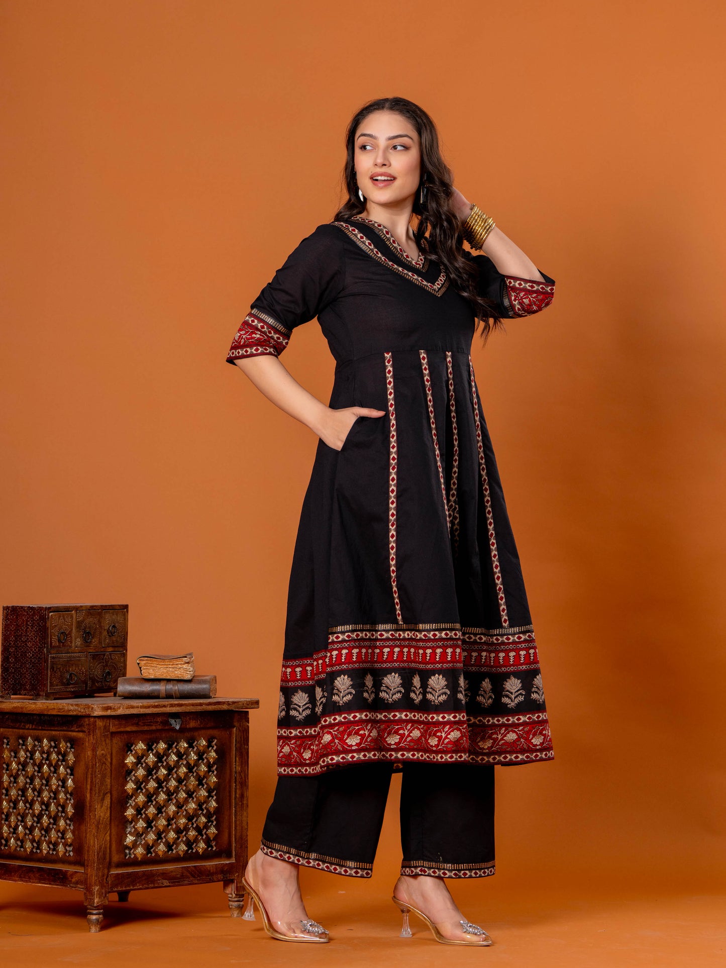Embroidered Soft Cotton Solid Anarkali Black Kurta