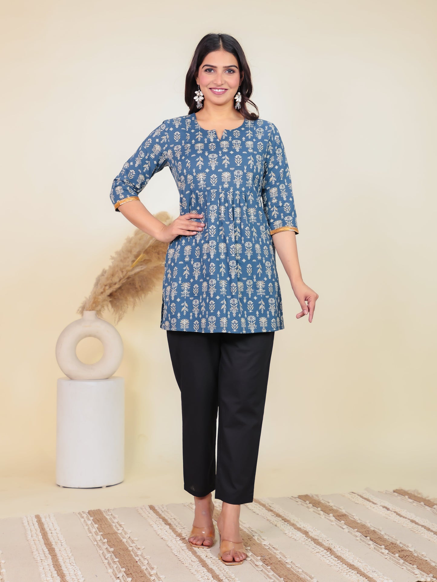 Soft Cotton Floral Straight Blue Kurti