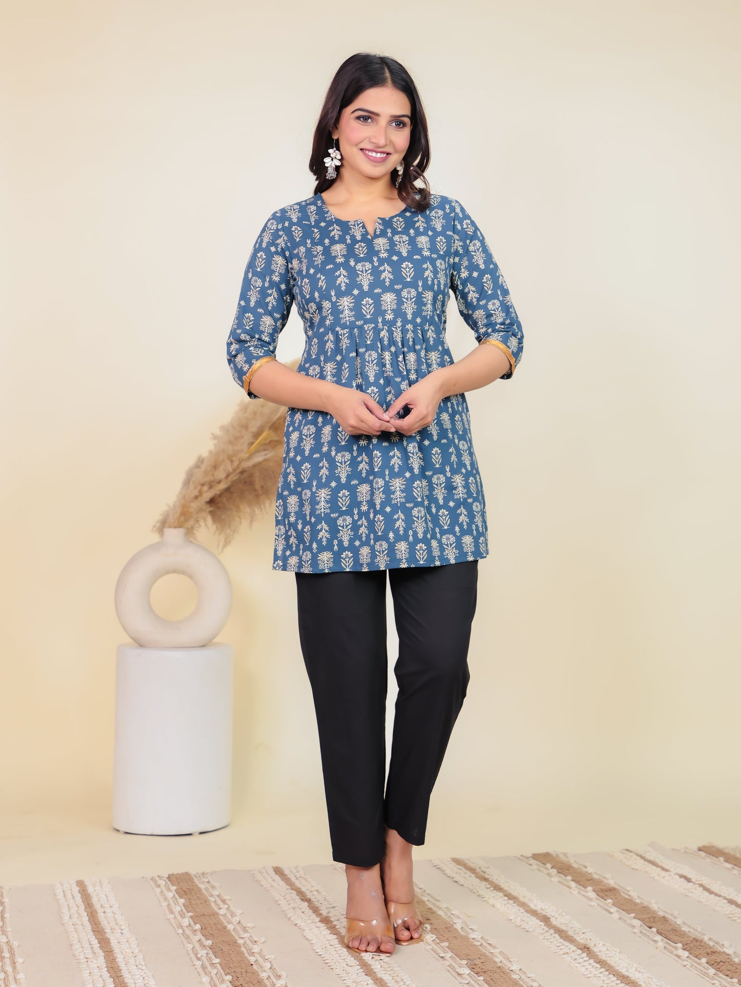 Soft Cotton Floral Straight Blue Kurti