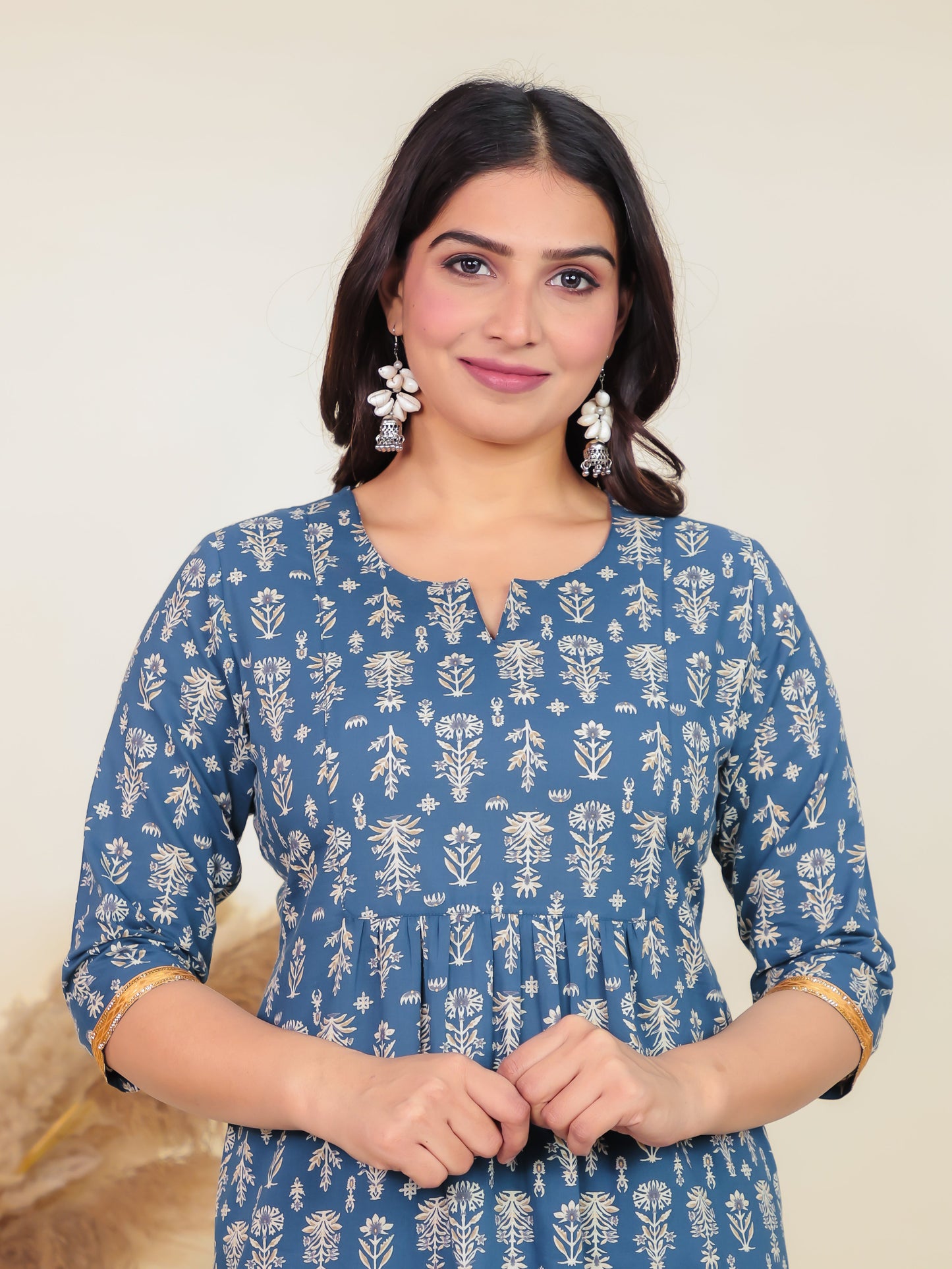 Soft Cotton Floral Straight Blue Kurti