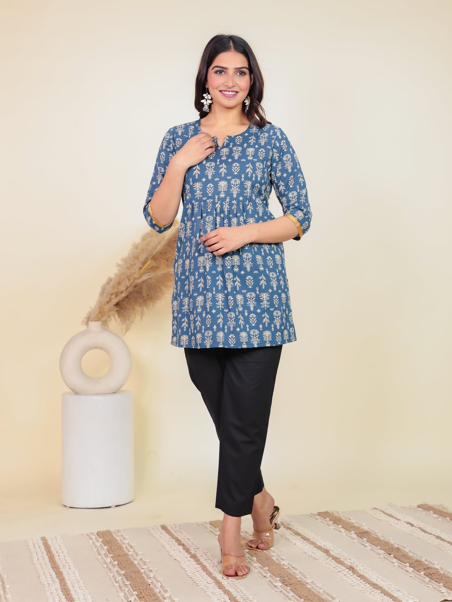 Soft Cotton Floral Straight Blue Kurti