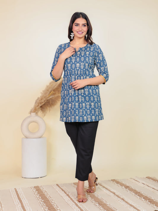 Soft Cotton Floral Straight Blue Kurti