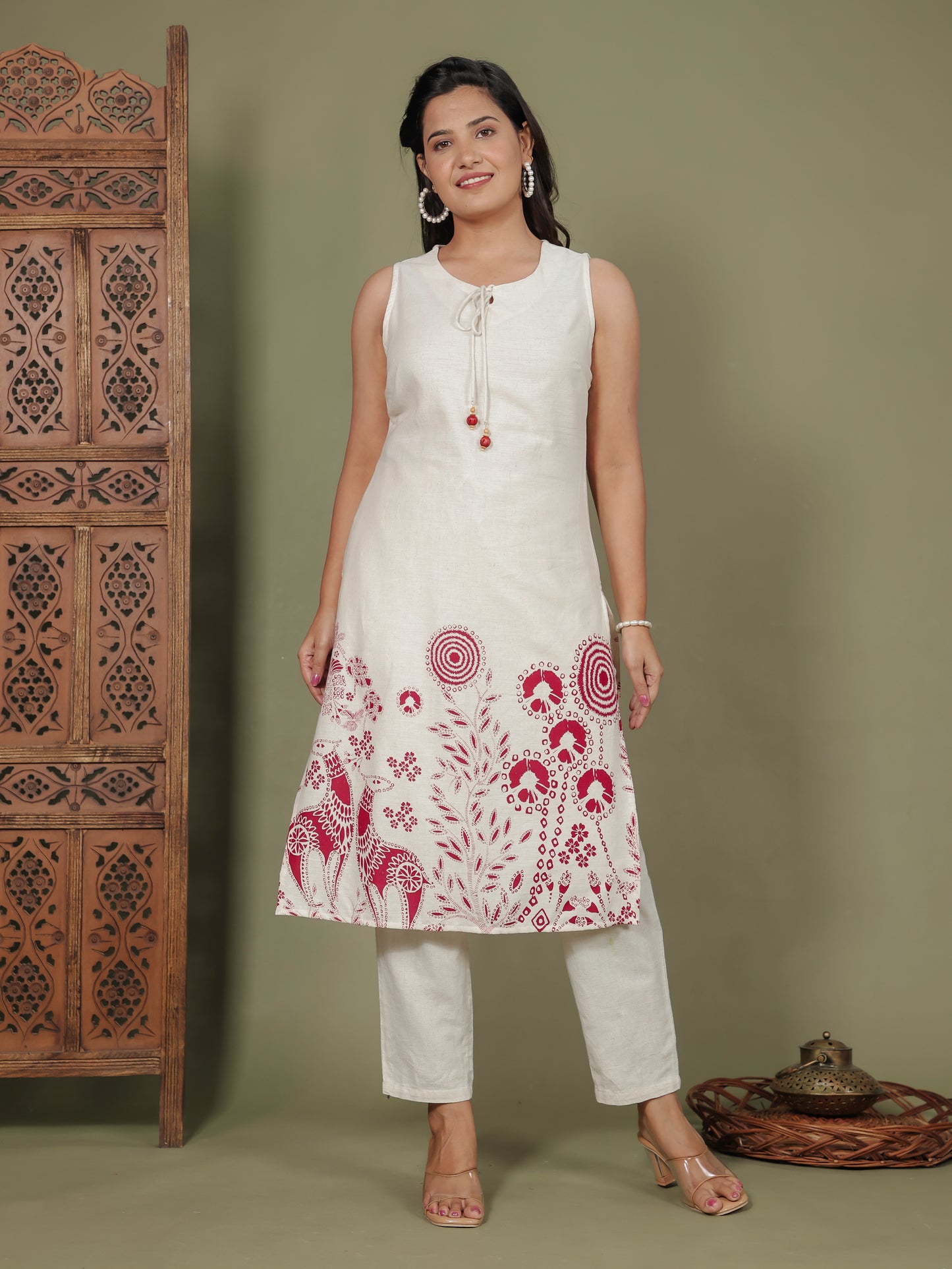 Natural Cotton Placement Print Straight Off White Kurta