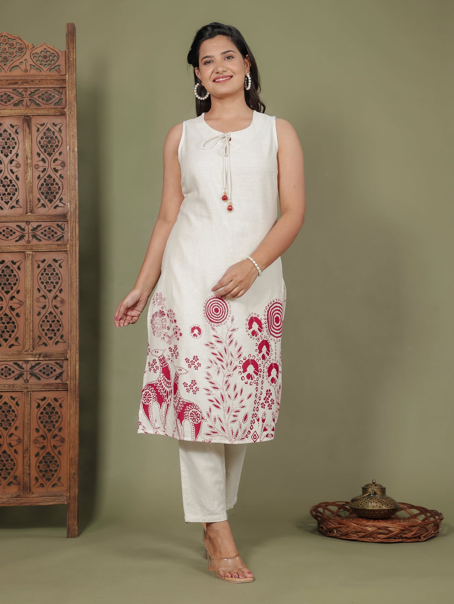 Natural Cotton Placement Print Straight Off White Kurta