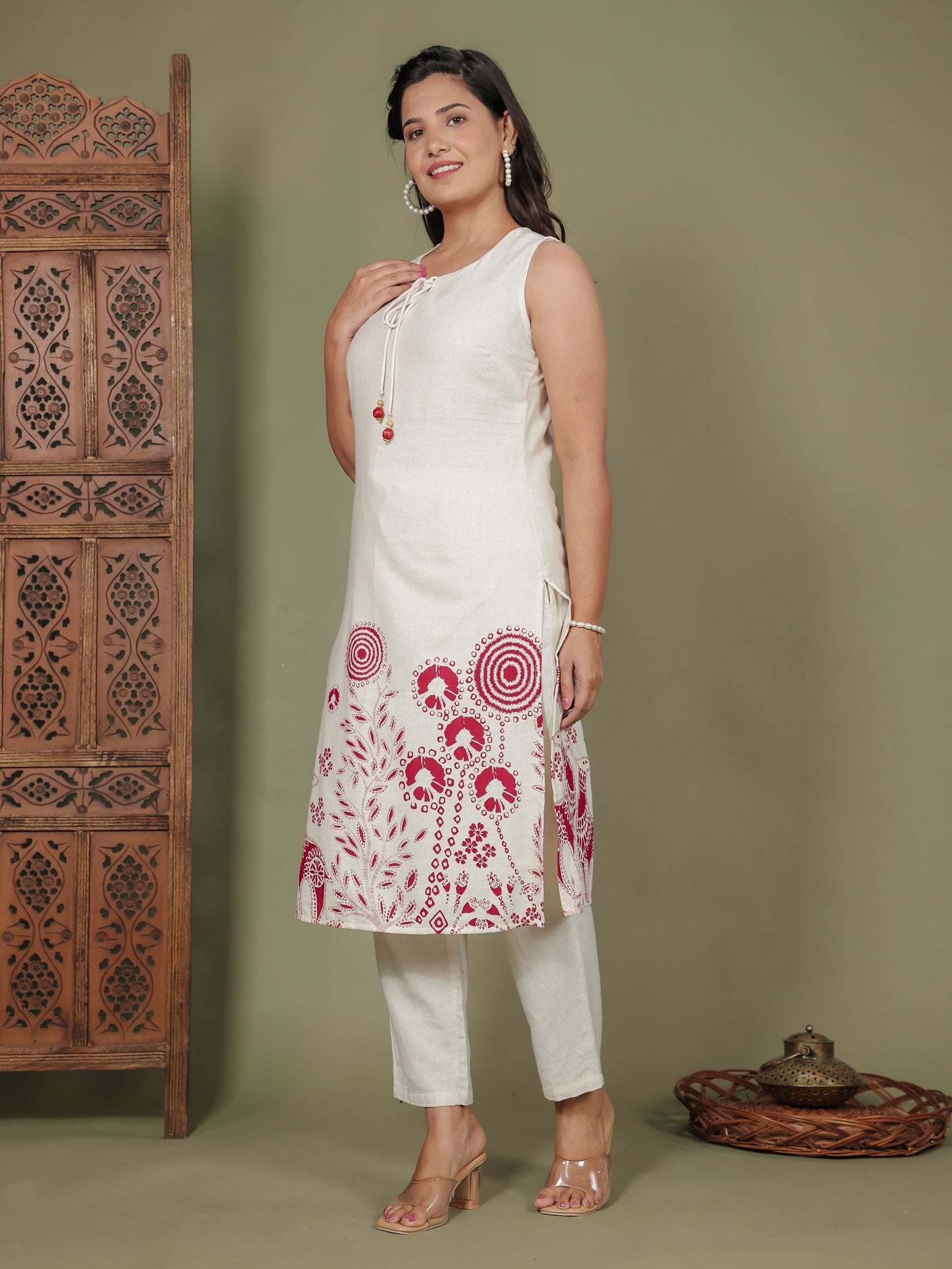 Natural Cotton Placement Print Straight Off White Kurta