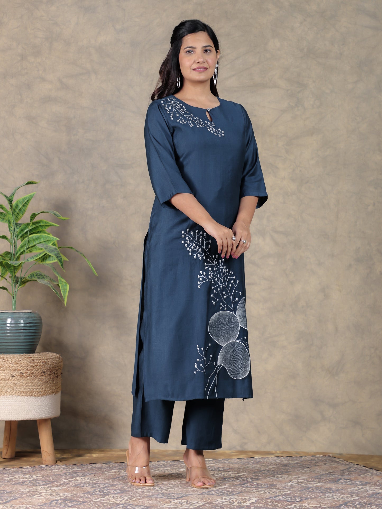 Embroidered Vertigan Solid Anarkali Navy Blue Kurta