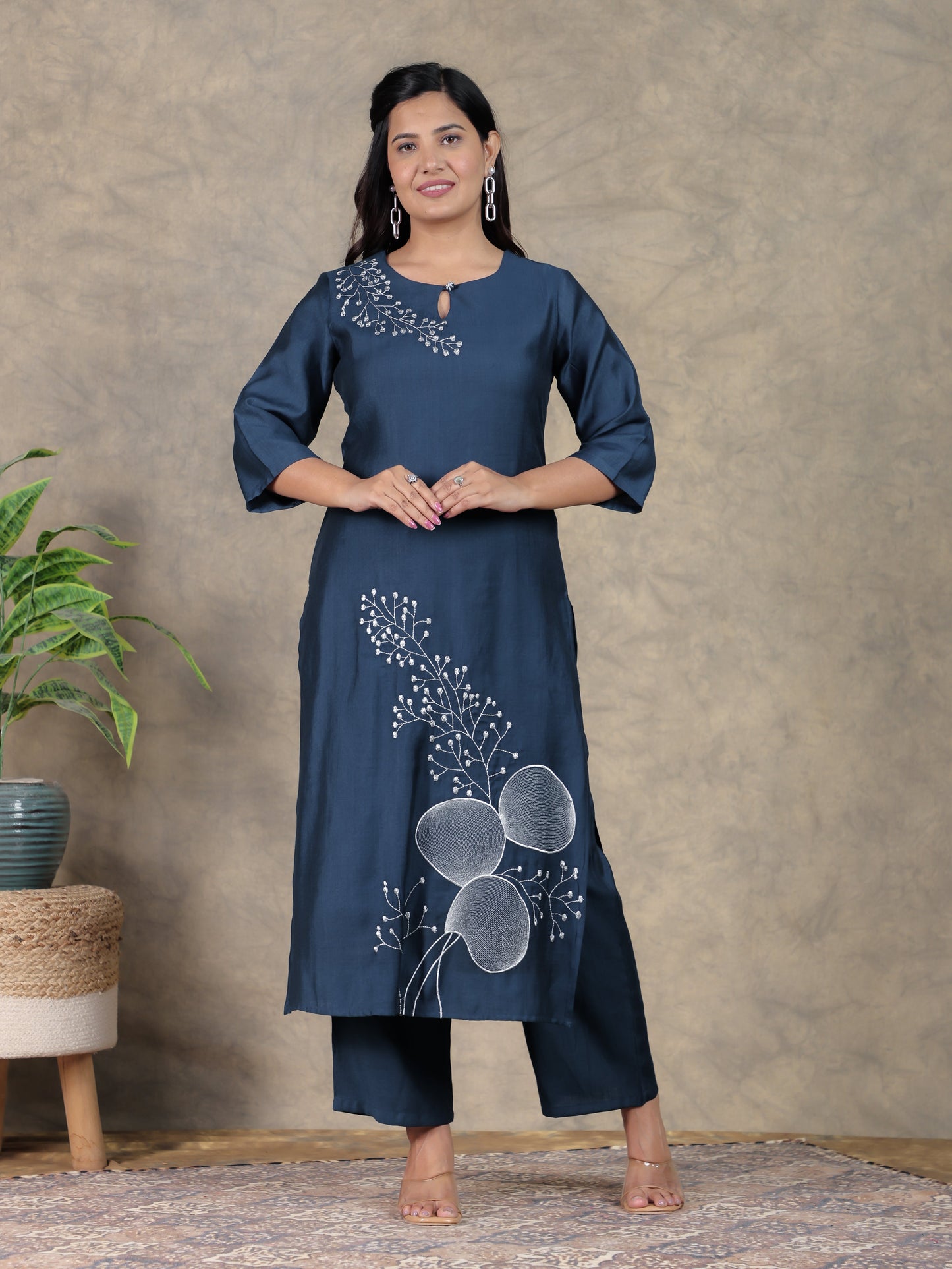 Embroidered Vertigan Solid Anarkali Navy Blue Kurta
