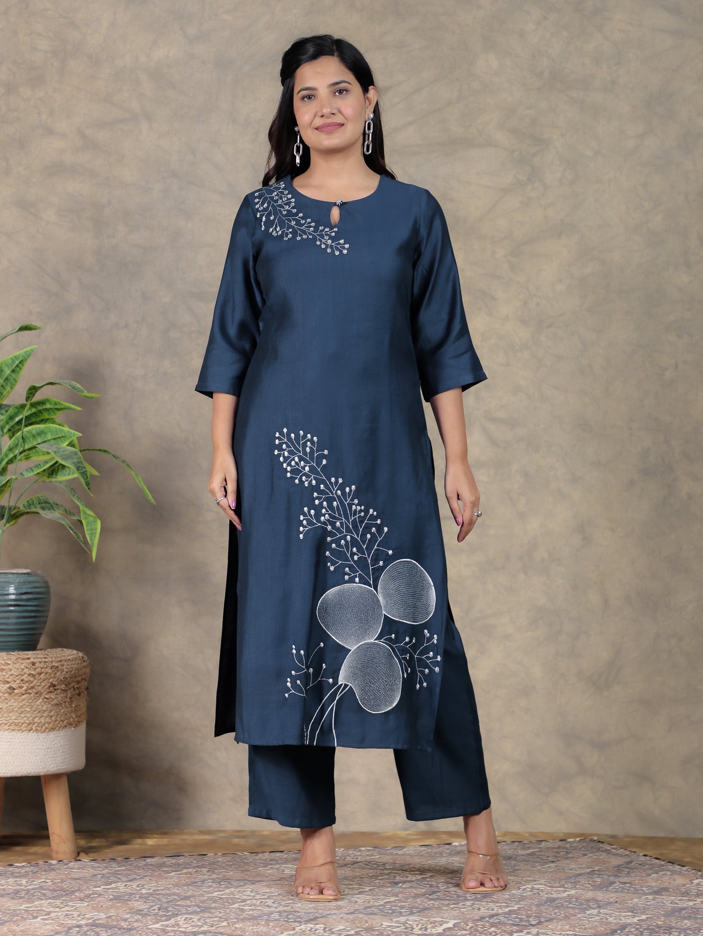 Embroidered Vertigan Solid Anarkali Navy Blue Kurta