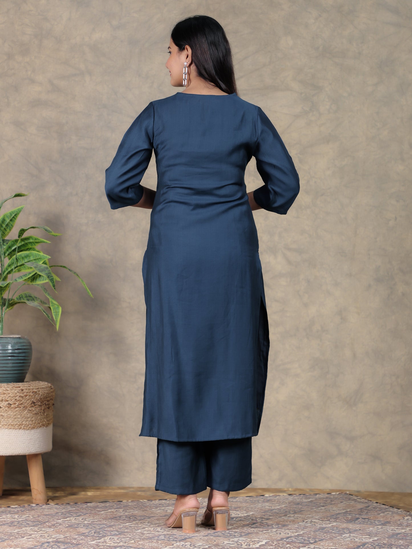 Embroidered Vertigan Solid Anarkali Navy Blue Kurta
