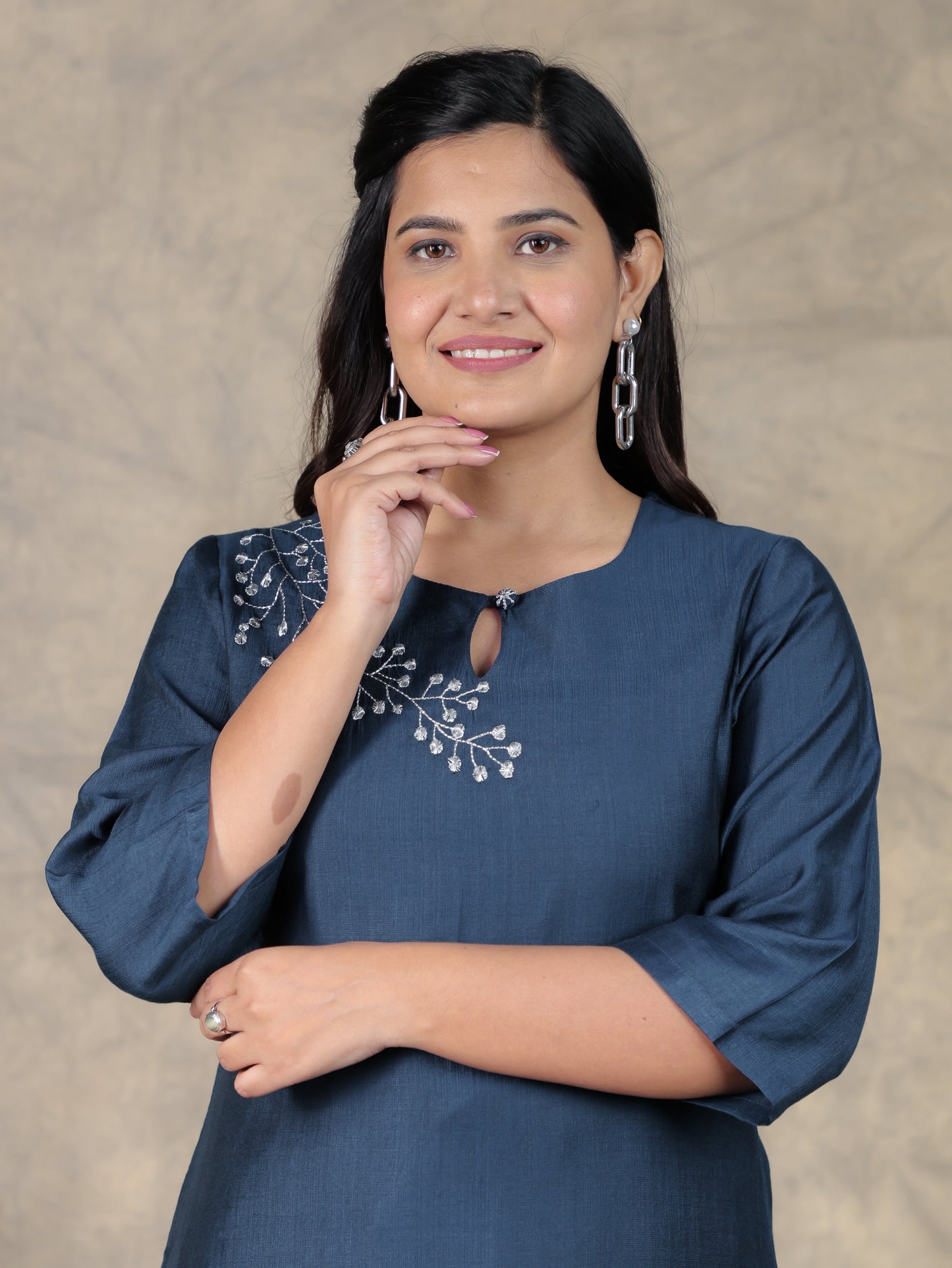 Embroidered Vertigan Solid Anarkali Navy Blue Kurta