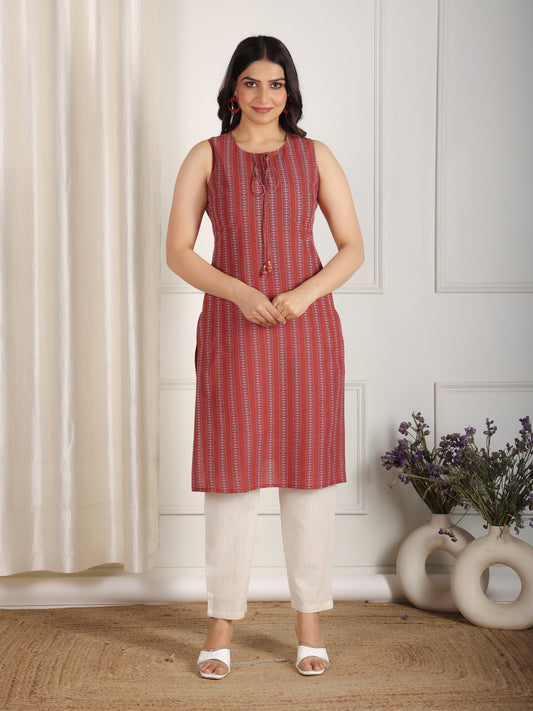 Embroidered Soft Cotton Striped Straight Maroon Kurti