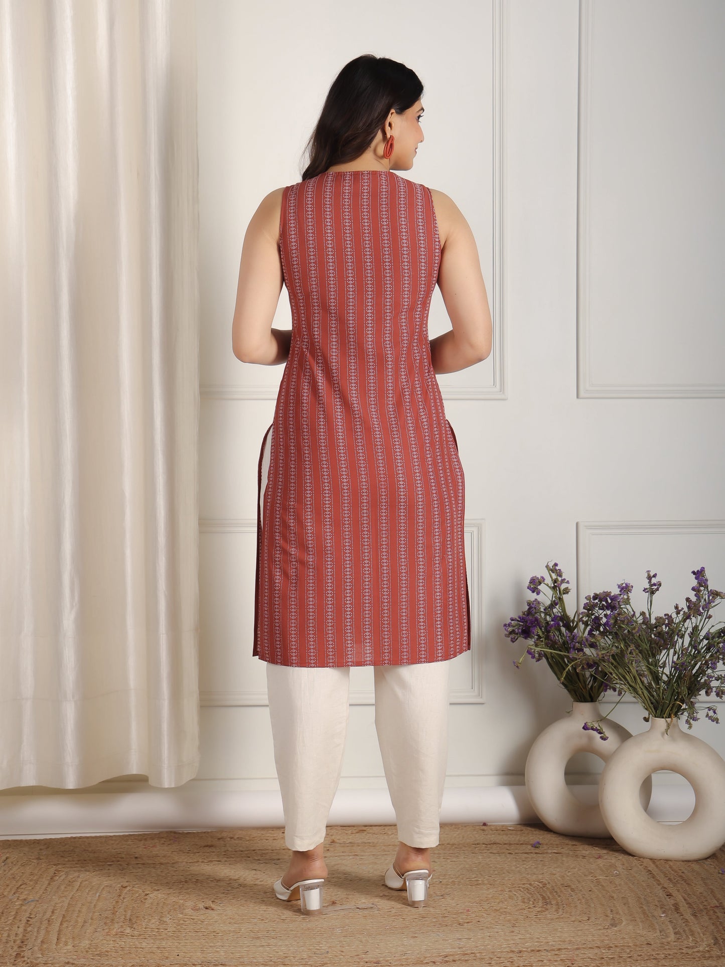 Embroidered Soft Cotton Striped Straight Maroon Kurti