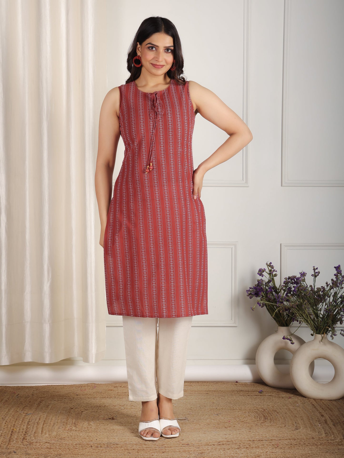 Embroidered Soft Cotton Striped Straight Maroon Kurti