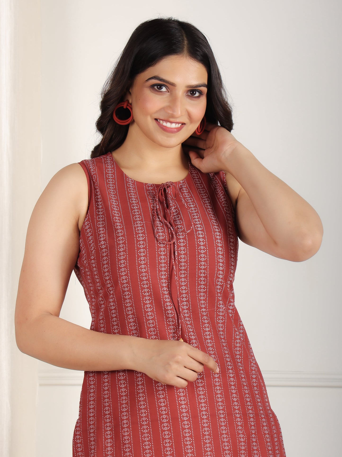 Embroidered Soft Cotton Striped Straight Maroon Kurti