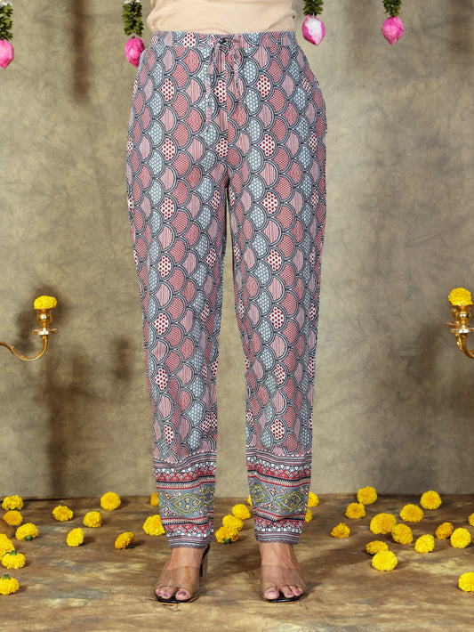 Embroidered Soft Cotton Geometric Grey Tapered Trousers