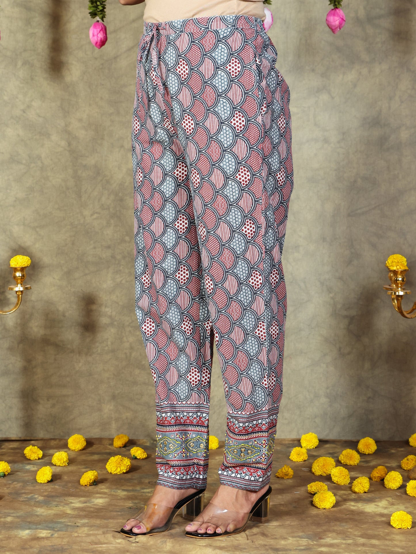 Embroidered Soft Cotton Geometric Grey Tapered Trousers