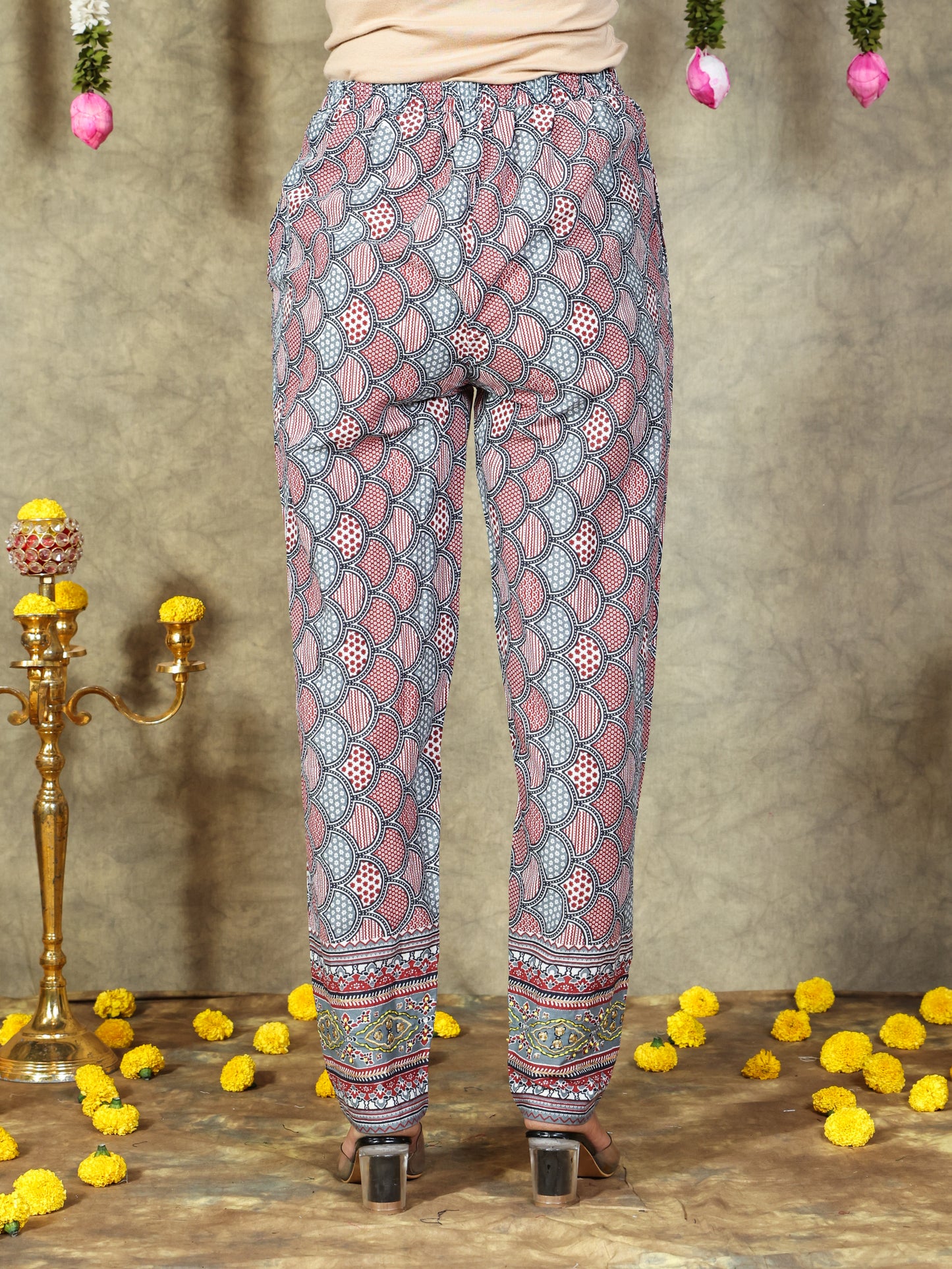 Embroidered Soft Cotton Geometric Grey Tapered Trousers