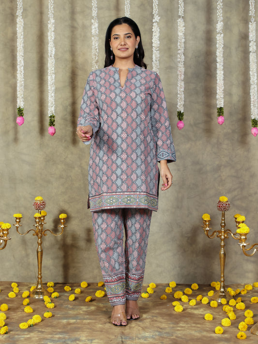 Embroidered Soft Cotton Geometric Straight Grey Kurta