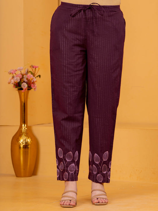 Embroidered Lurex Cotton Solid Maroon Tapered Trousers