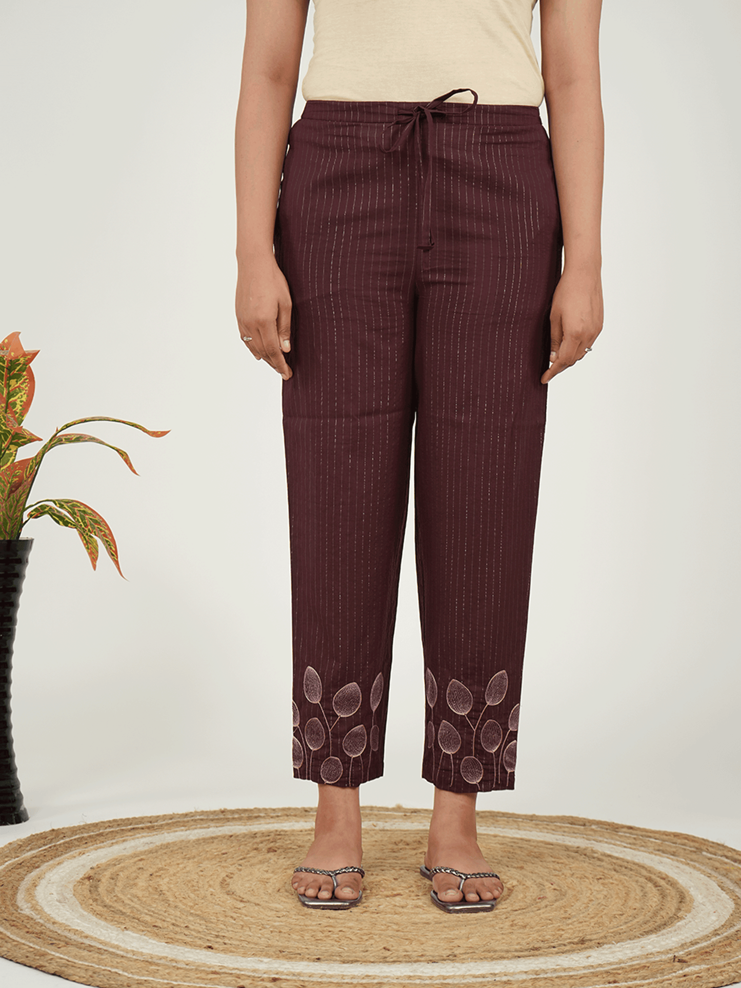 Embroidered Lurex Cotton Solid Purple Tapered Trousers