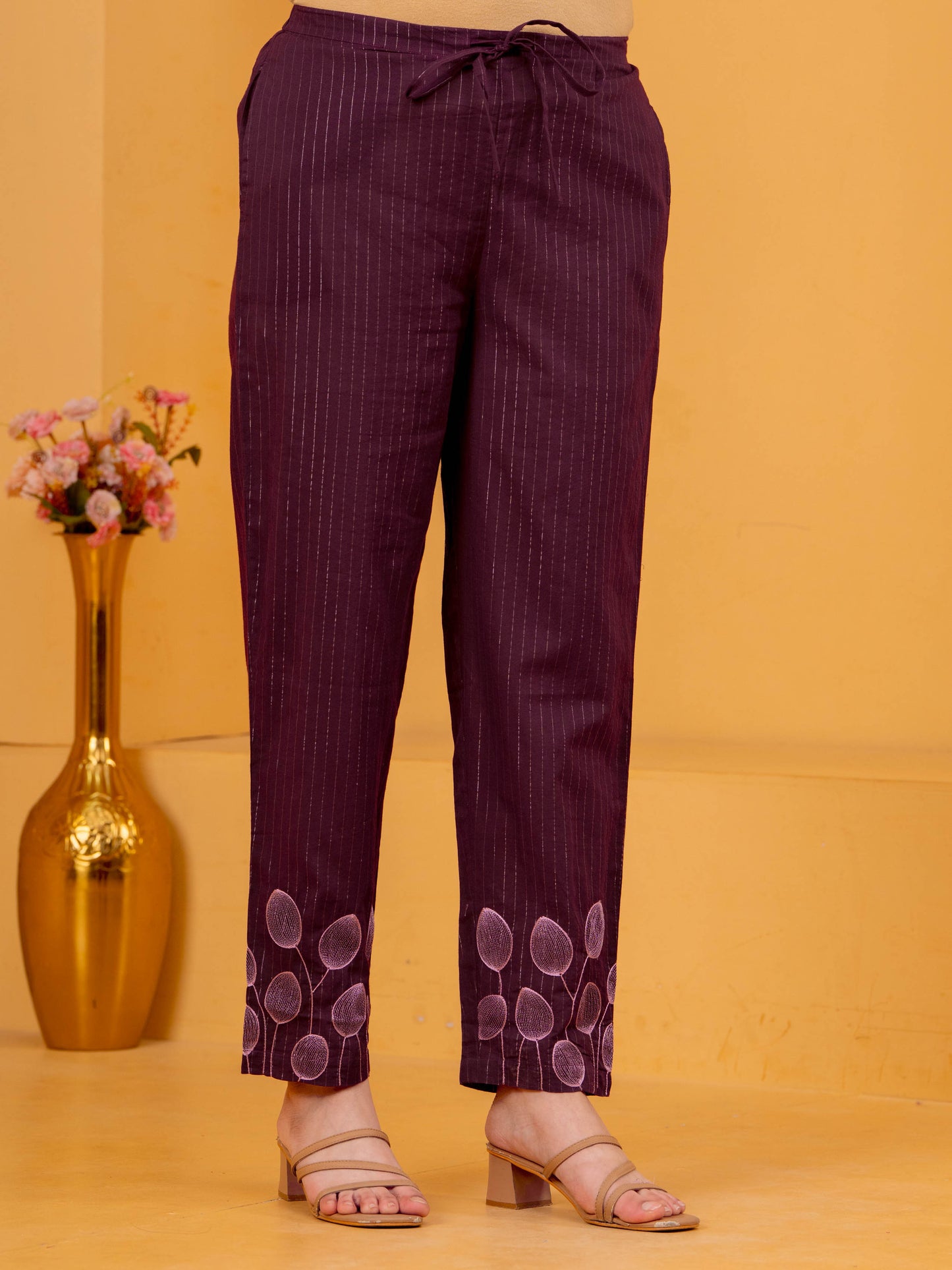 Embroidered Lurex Cotton Solid Maroon Tapered Trousers