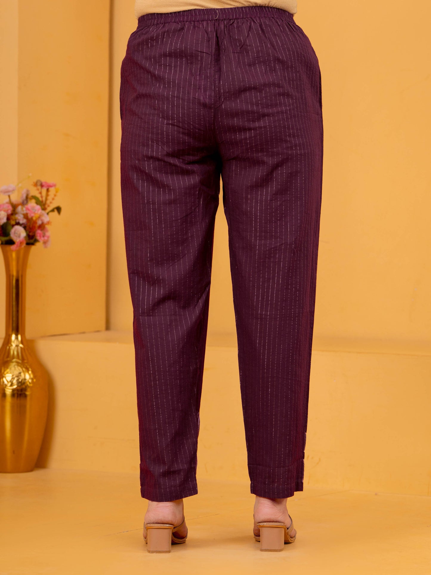 Embroidered Lurex Cotton Solid Maroon Tapered Trousers