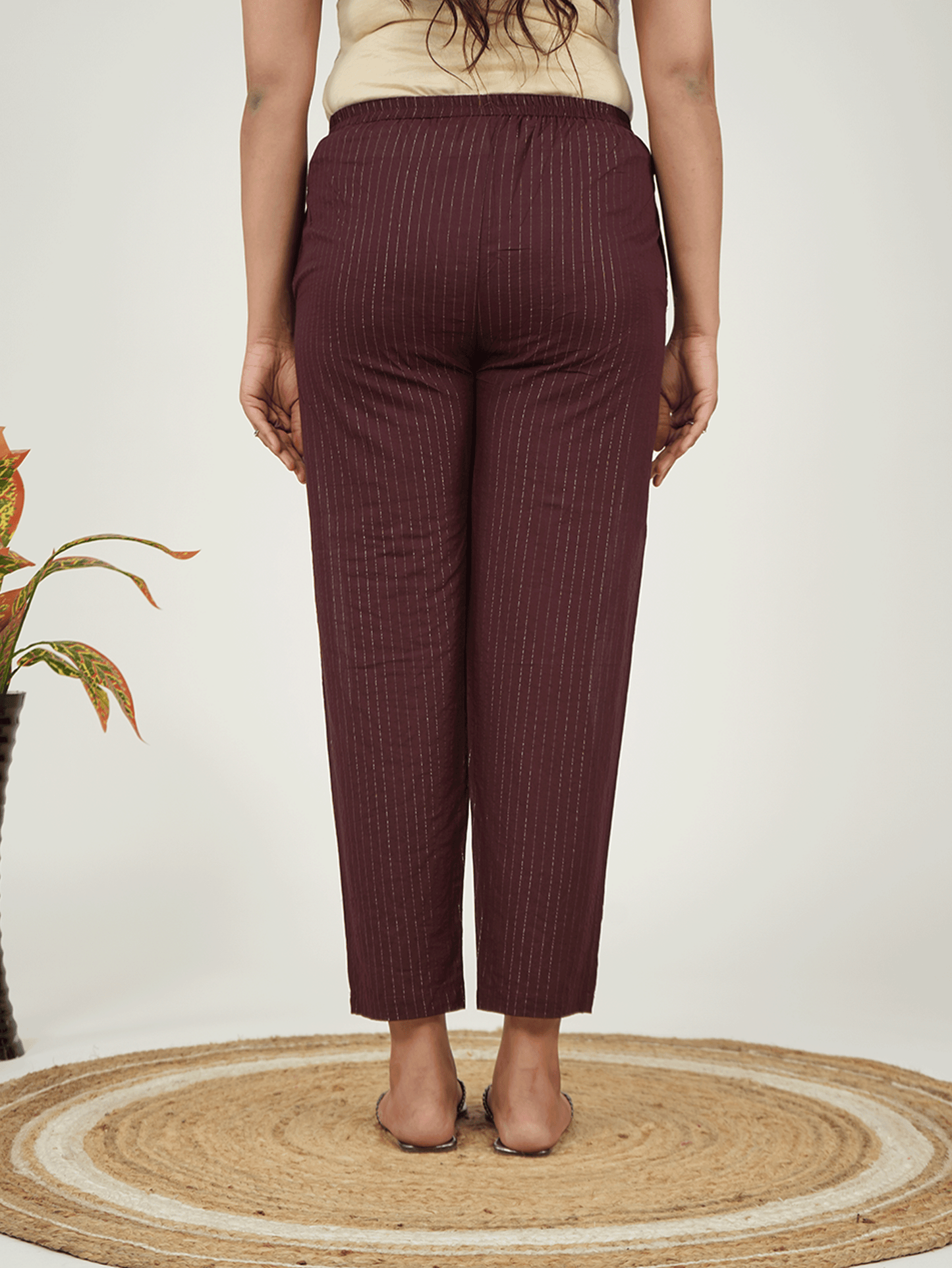 Embroidered Lurex Cotton Solid Purple Tapered Trousers