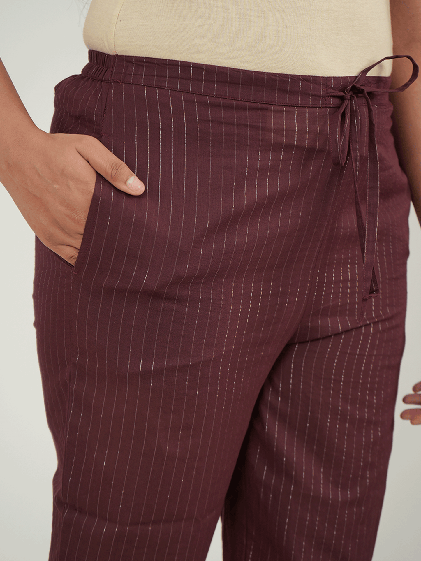 Embroidered Lurex Cotton Solid Purple Tapered Trousers