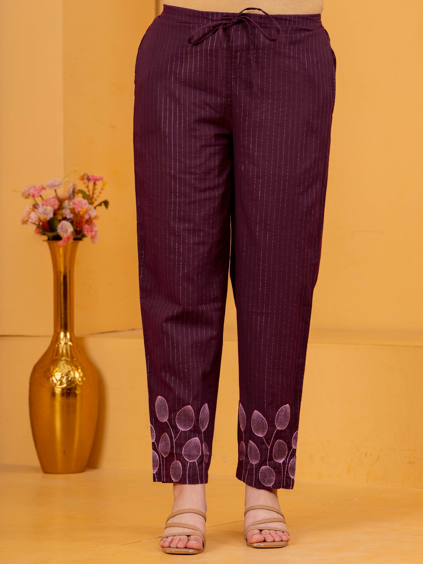 Embroidered Lurex Cotton Solid Straight Maroon Kurta